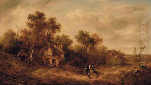 Figures on a track in a wooded landscape, a cottage beyond - view 1