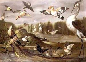 River landscape with a jay a stonechat a mallard a wagtail and other birds River landscape with a jay a stonechat a mallard a wagtail and other birds