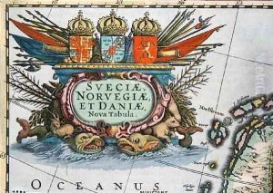 Cartouche from a map of Sweden Norway and Denmark by Henricus Hondius