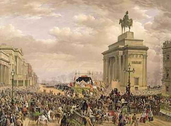 Funeral of the Duke of Wellington the funeral car passing the archway at Apsley House - view 1