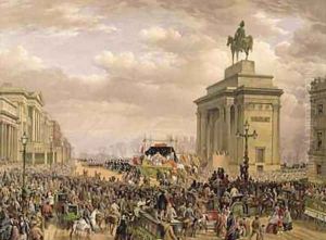 Funeral of the Duke of Wellington the funeral car passing the archway at Apsley House Funeral of the Duke of Wellington the funeral car passing the archway at Apsley House