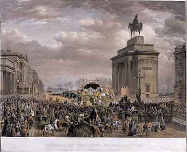 The Duke of Wellingtons 1769-1852 funeral car passing the Archway at Apsley House on 18th November 1852 - view 1