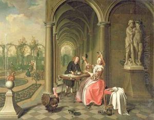 The Colonnade of a Country House with a Lady seated beside a Statue being served a Dish of Fruit by Peter Jacob Horemans