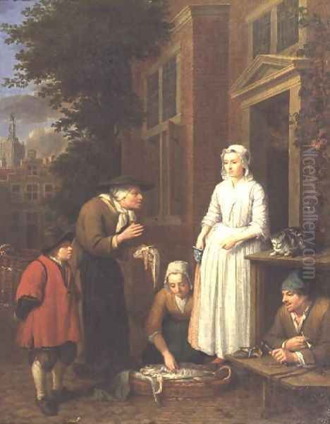 Fishmongers and a cobbler outside a town house - view 1