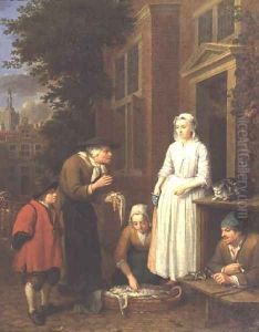 Fishmongers and a cobbler outside a town house by Peter Jacob Horemans
