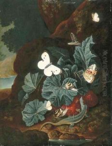 A forest floor still-life with a lizard, butterflies, snails and a snake by Carl Wilhelm de Hamilton
