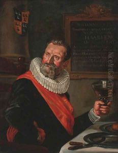 Portrait Of An Officer Of The Saint Hadrian Civic Guard, Half Length, Holding A Roemer, At A Table by Frans Hals