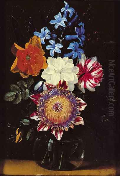 A chrysanthemum, a hyacinth, a poppy and other flowers in a glass vase - view 1