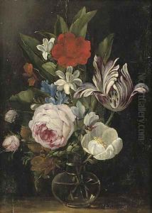 Roses, a tulip and other flowers in a glass vase by Jan van den Hecke