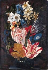 Tulips, roses, anemones, daffodils, hyacinths, morning glory and other flowers in a glass vase on a stone ledge by Jan van den Hecke