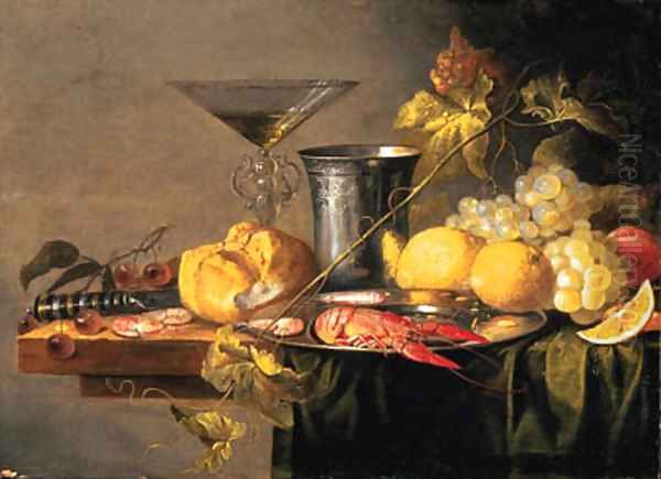 Crayfish and Prawns on a pewter Plate, a Beaker, a faon de Venise Wineglass, a Roll, a Knife, Lemons, Grapes, Cherries and other Fruit - view 1