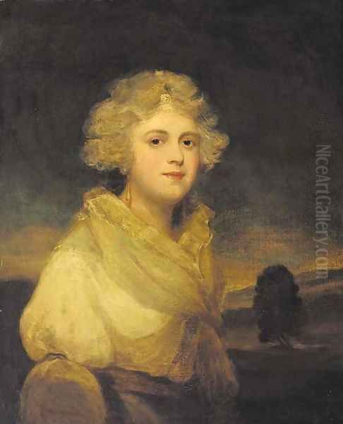Portrait of a lady, traditionally identified as Miss Abbingdon, half-length, in a white dress, a landscape beyond - view 1