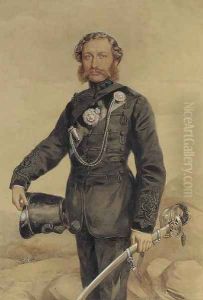 Portrait of an Officer of the Rifle Brigade, three-quarter-length, holding a sword, standing in a rocky landscape