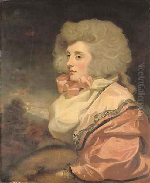 Portrait of a lady, half-length, seated in a pink dress, white scarf and pink neck-tie, with a fur muff, in a landscape - view 1