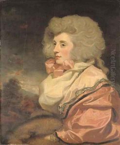 Portrait of a lady, half-length, seated in a pink dress, white scarf and pink neck-tie, with a fur muff, in a landscape
