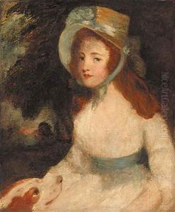 Portrait of a lady, three-quarter-length, in a white dress and bonnet, a dog at her side, in a landscape by John Hoppner
