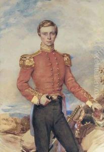Portrait of an Infantry Officer, three-quarter-length, standing in a rugged landscape