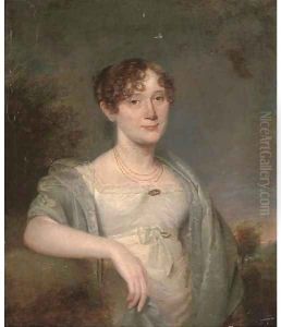 Portrait of a lady, half-length, in a white dress and grey shawl, with a landscape beyond
