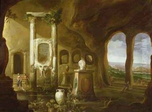 A monument to Augustus in a grotto with figures by Charles-Cornelisz de Hooch