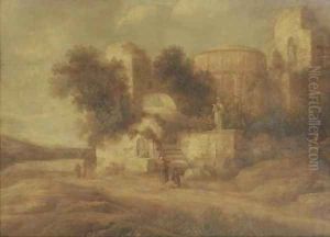 Travellers by ancient ruins with a man praying to a statue by Charles-Cornelisz de Hooch