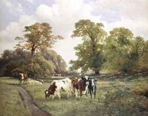 Cattle Grazing by a Path in a Wooded Landscape by James Duffield Harding