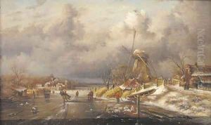 Figures skating on a frozen canal by a windmill