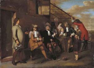 Elegant company smoking and drinking outside an inn by Gerard Hoet