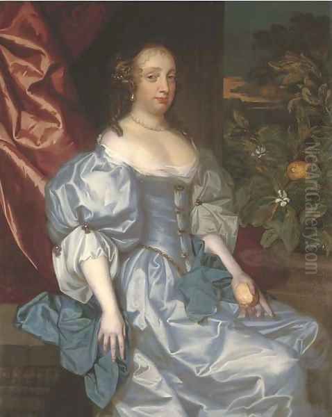 Portrait of a lady, traditionally identified as Catherine of Braganza, three-quarter-length, in a light blue satin dress - view 1