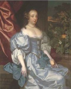 Portrait of a lady, traditionally identified as Catherine of Braganza, three-quarter-length, in a light blue satin dress by Jacob Huysmans