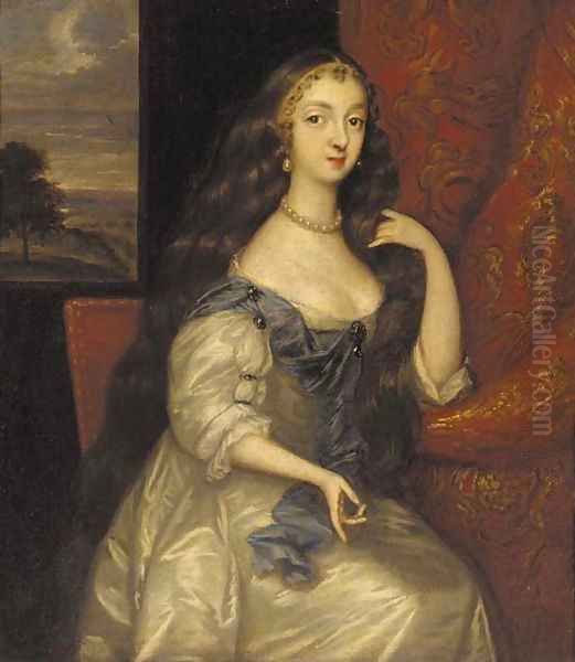 Portrait of a lady, seated small three-quarter-length, in a white dress and blue scarf, by a red curtain - view 1