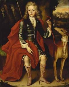 Portrait of a young huntsman, seated full-length, in a blue coat with a crimson wrap, holding a spear, a hound at his side by Jacob Huysmans