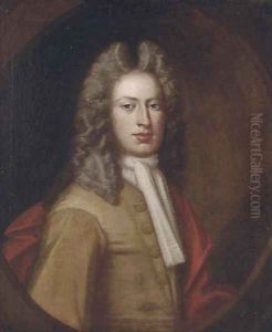 Portrait of a gentleman, bust-length, in a brown coat and red cloak, in a feigned oval by Jacob Huysmans