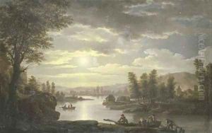 A moonlit river landscape by Jean-Francois Hue