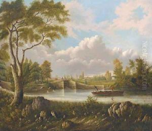 Figures bathing in a canal with a town beyond