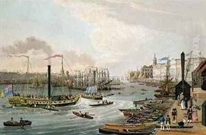 A View of London Bridge and the Custom House with the Margate Steam Yachts by Robert the Elder Havell