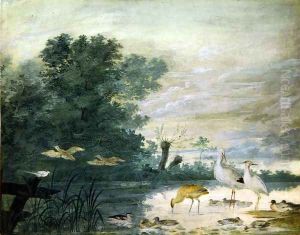 Exotic birds in a picturesque landscape by Pieter the Younger Holsteyn