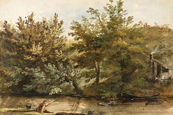 Trees on the Bank of a River, a fisherman in the foreground and a farmhouse in the background - view 1