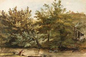 Trees on the Bank of a River, a fisherman in the foreground and a farmhouse in the background