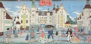 Landscape of a prosperous town in America by Hiroshige II (Ichiusai Shigenobu)