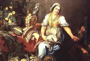 Kitchen Still Life with Fruit Vegetables and a Girl Holding a Chicken by Kasper or Gaspar van den Hoecke