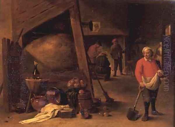 A peasant leaning on a spade beside a cluster of pots and and pans in an inn beyond three figures gathered round a fire place - view 1