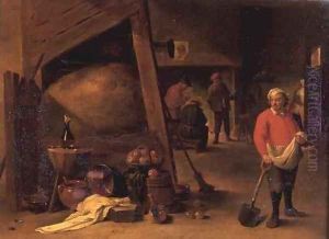 A peasant leaning on a spade beside a cluster of pots and and pans in an inn beyond three figures gathered round a fire place