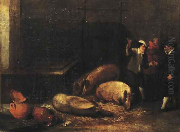 A gentleman and a peasant making a deal on the sale of a pig in a pigsty - view 1
