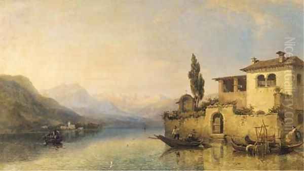 Fishermen in rowing boats on an Italian lake - view 1