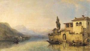 Fishermen in rowing boats on an Italian lake by George Edwards Hering