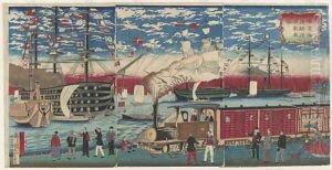 Picture of a Locomotive Along the Yokohama Waterfront Yokohama Edo period