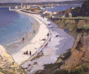 View of a beach with houses in the background by Jules Alfred Herve-Mathe