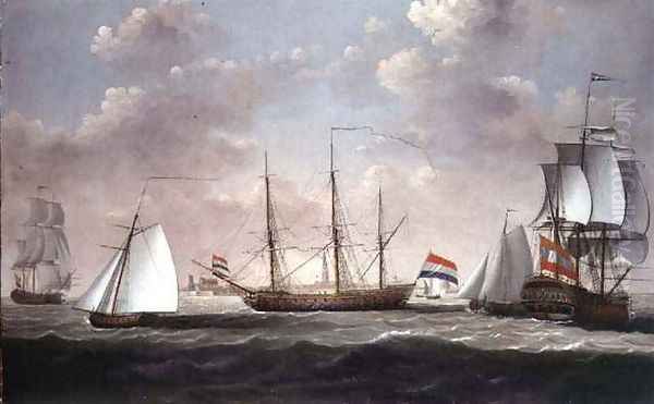 The East Indiaman t Slot ter Hooge and other shipping in a brisk breeze off a Dutch port possibly Flushing - view 1