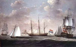 The East Indiaman t Slot ter Hooge and other shipping in a brisk breeze off a Dutch port possibly Flushing