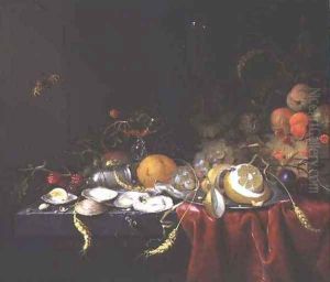 Still life with oysters fruit and ears of corn on a stone ledge by Jan Jansz de Heem